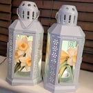 Set of two grey 22 cm metal lanterns Daffodil theme with led tea light candle 