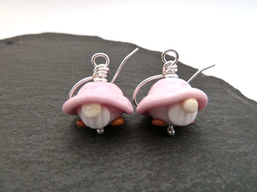 pink lampwork glass gnome earrings, sterling silver jewellery