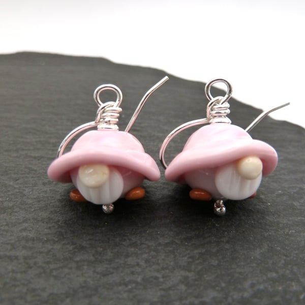 pink lampwork glass gnome earrings, sterling silver jewellery