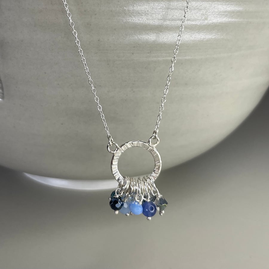 Sterling silver and mixed blue tone beaded cluster necklace 