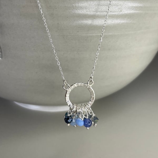 Sterling silver and mixed blue tone beaded cluster necklace 