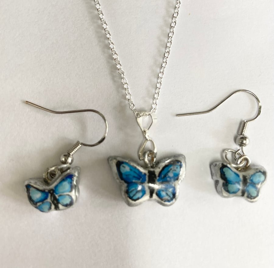 Blue Butterfly  Pendant Necklace & Earrings Handcrafted Jewellery Set