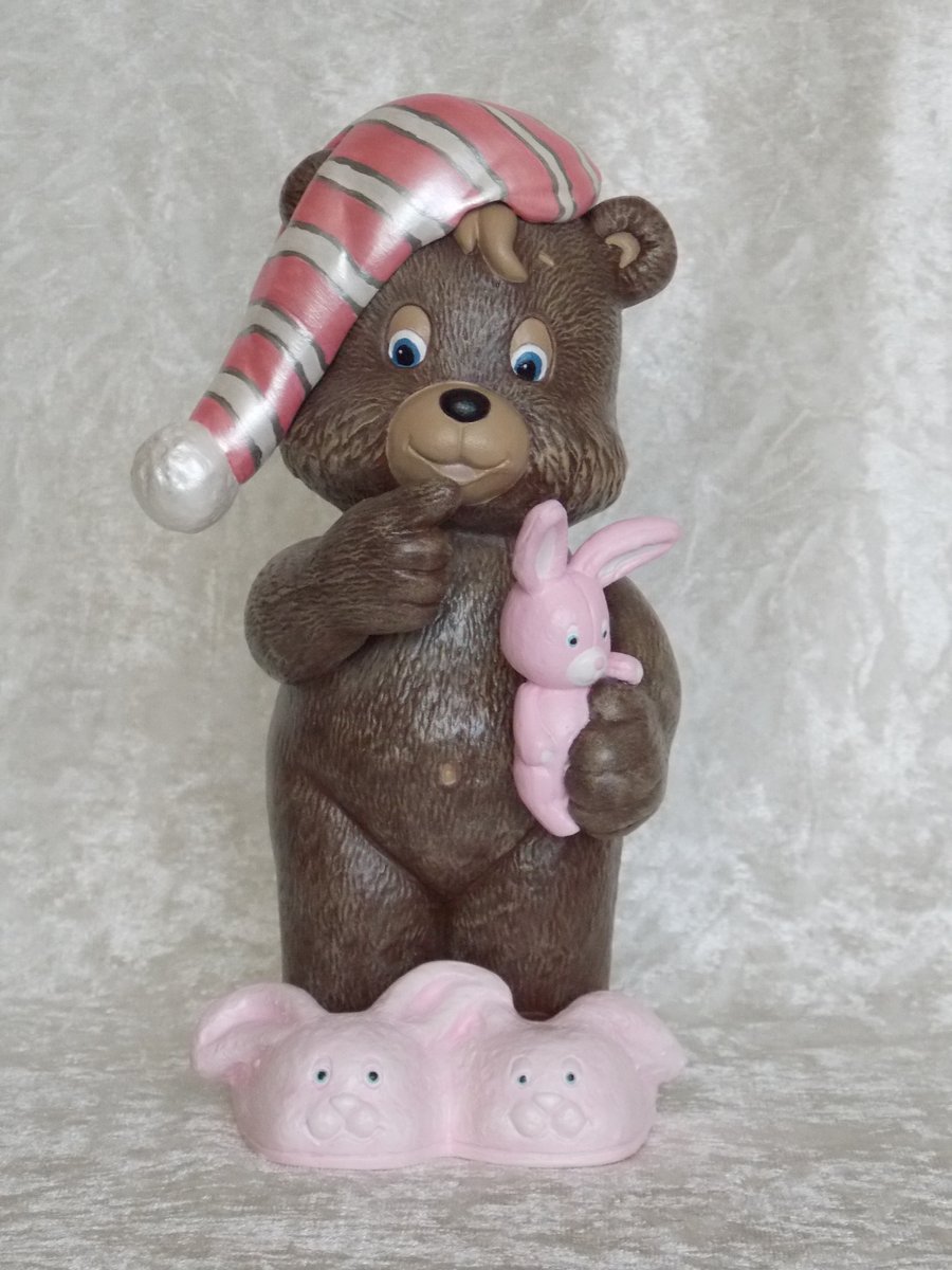 Ceramic Hand Painted Brown Pink White Bed Time Bear Animal Figurine Ornament.