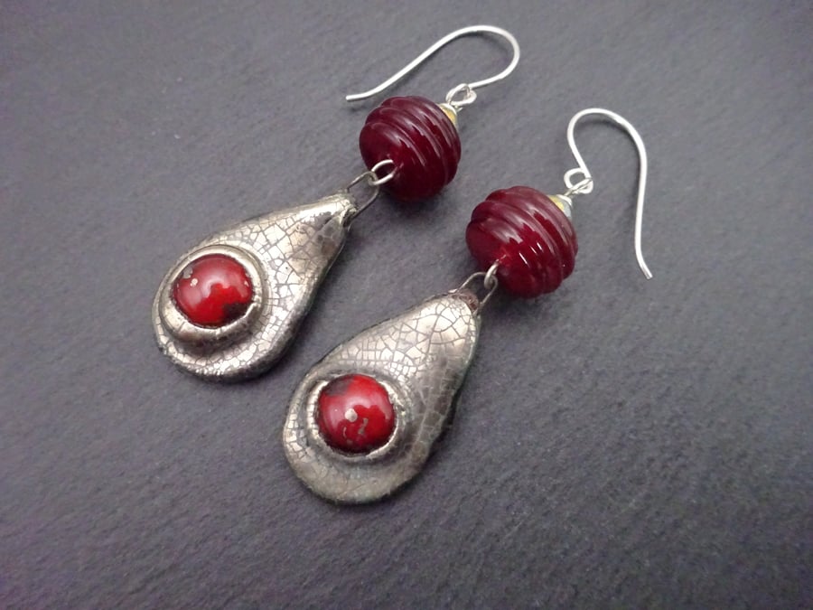 sterling silver earrings, red lampwork glass and ceramic jewellery