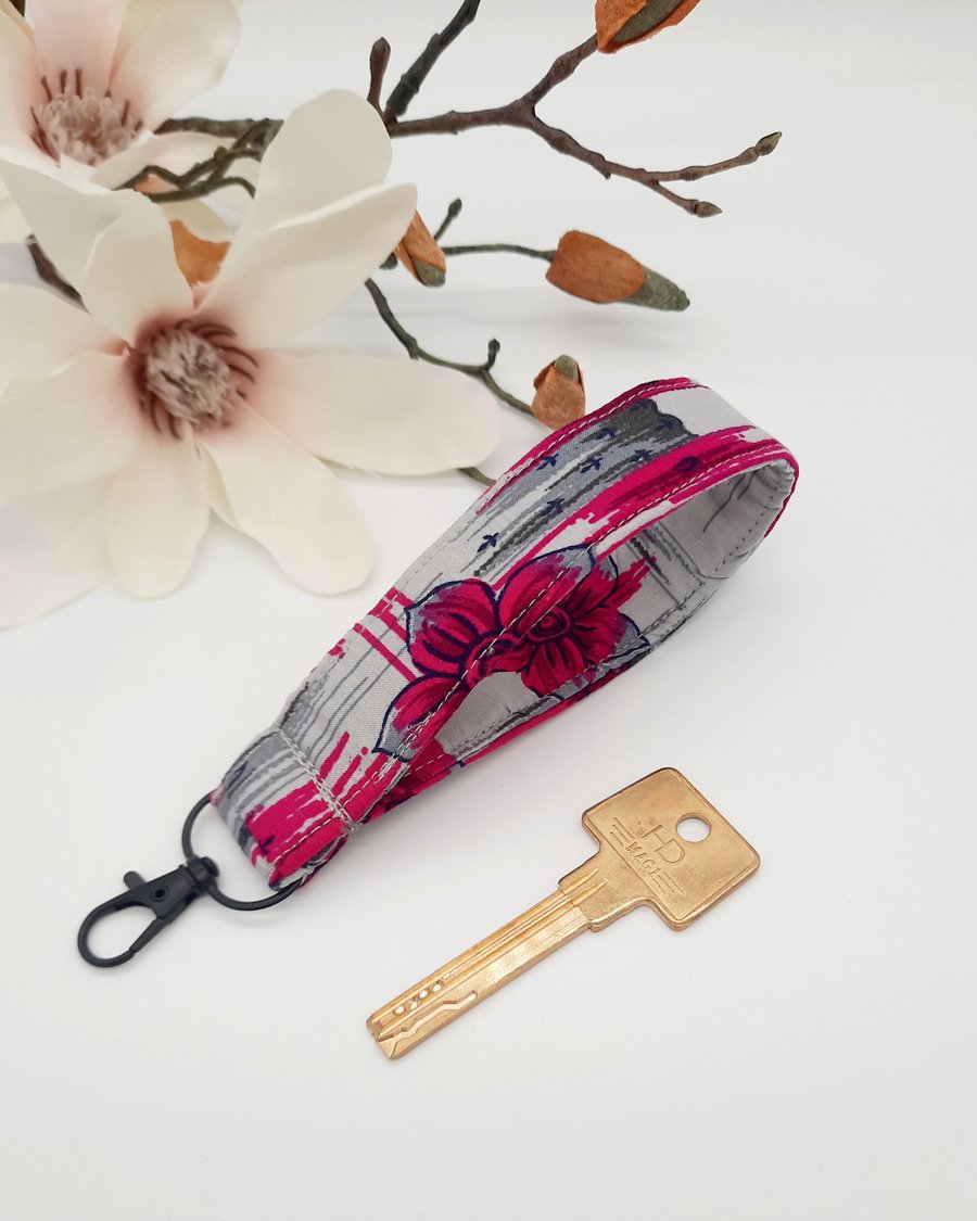 Hot pink and grey wristlet,  bag charm, keyfob, free UK delivery.  