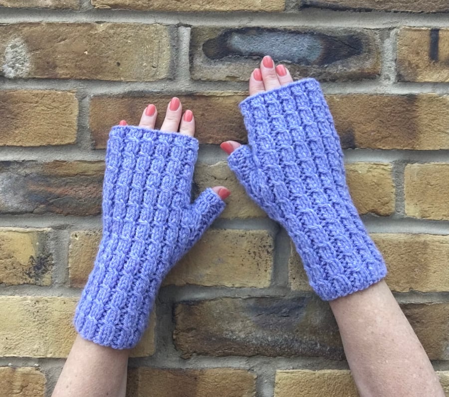 Fingerless gloves, Chunky hand knitted wrist warmers, Blue lilac mittens