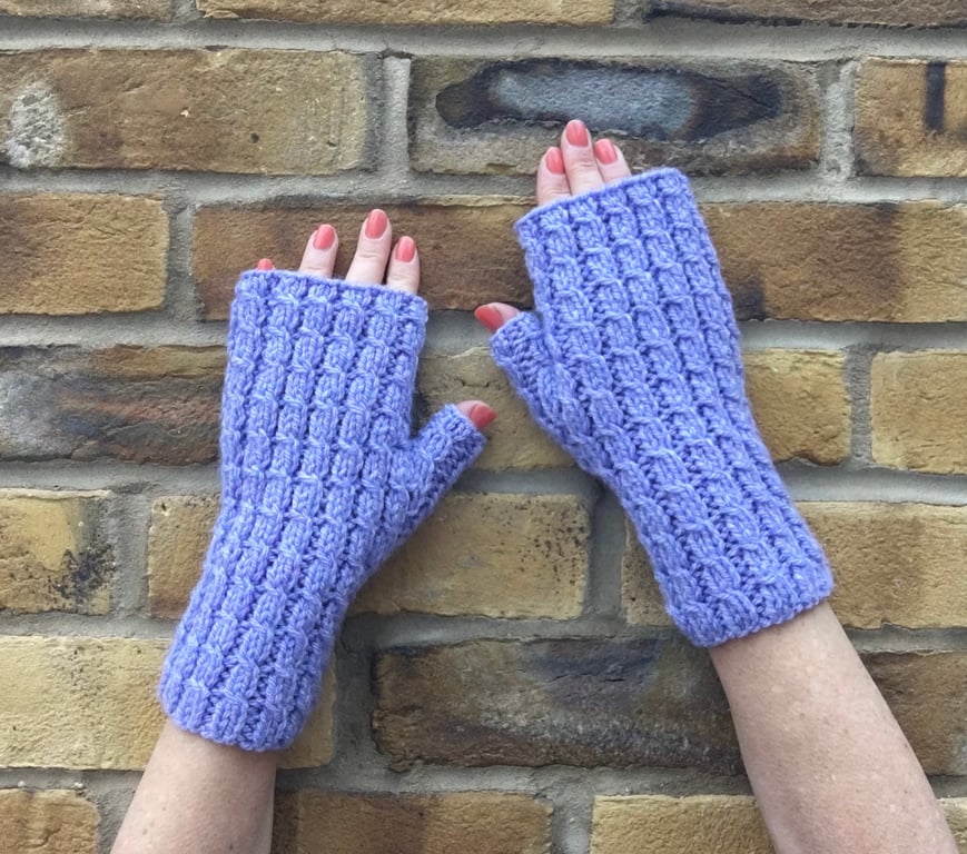 Fingerless gloves, Chunky hand knitted wrist warmers, Heather blue mittens