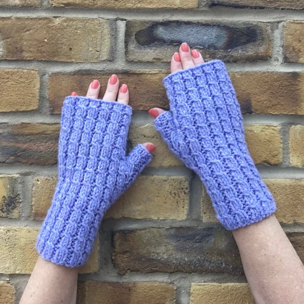 Fingerless gloves, Chunky hand knitted wrist warmers, Blue lilac mittens