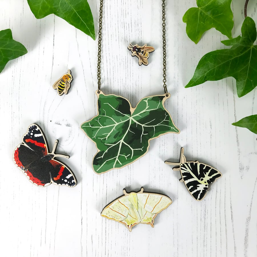 Pick Your Own Insect Large Ivy Illustration Wooden Statement Necklace