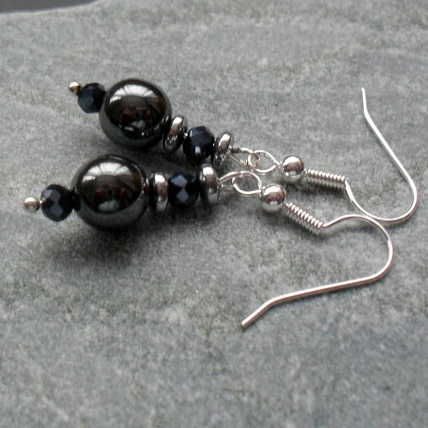 Haematite and Crystal Drop Earrings