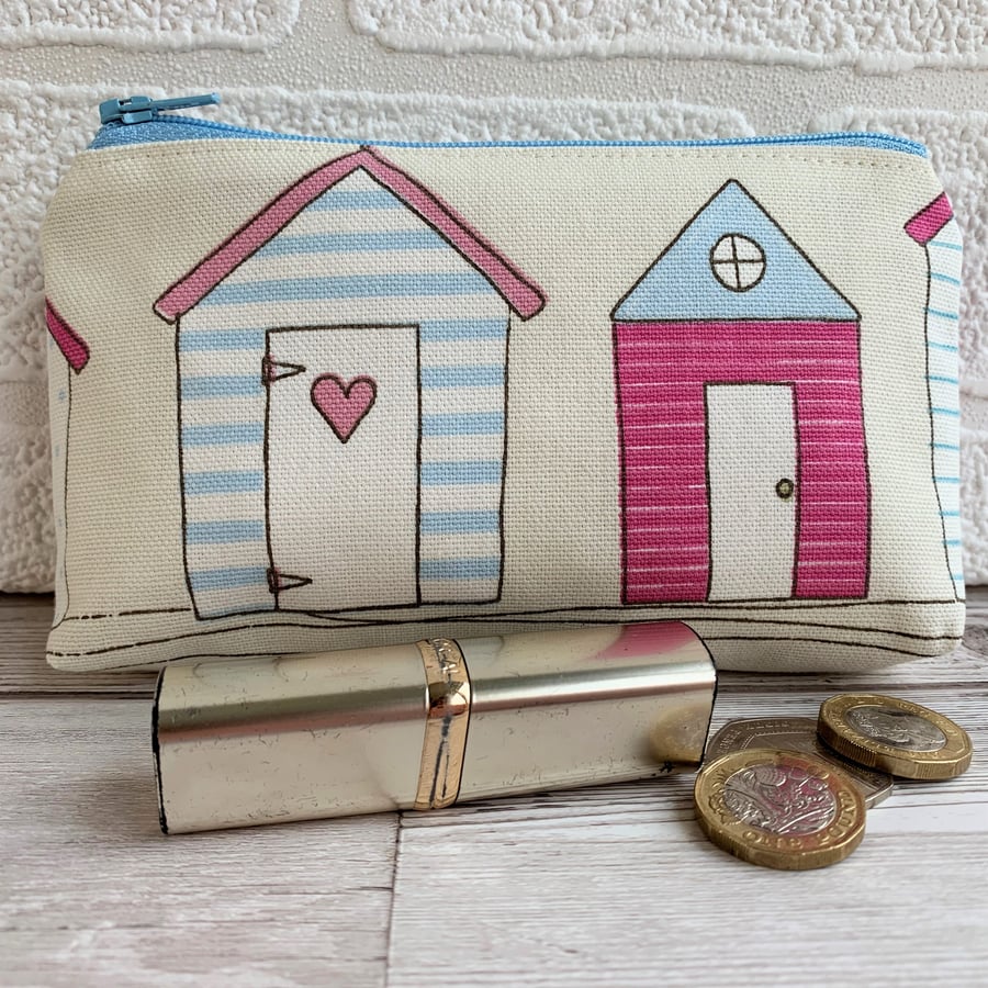 Large purse, coin purse with two blue and pink beach huts