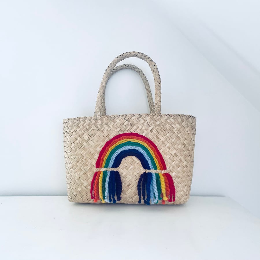 Vivid rainbow shopping tote beach bag handmade from seagrass embroidered rainbow