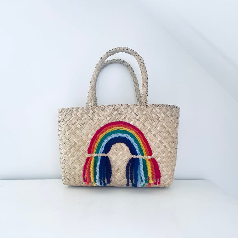 Vivid rainbow shopping tote beach bag handmade from seagrass embroidered rainbow