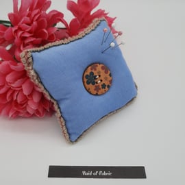 Pin cushion in blue with button, free uk delivery. 