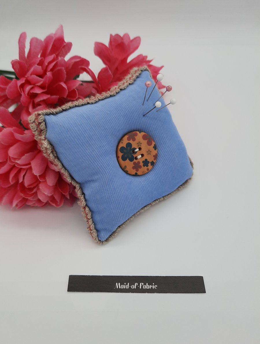Pin cushion in blue with button, free uk delivery. 