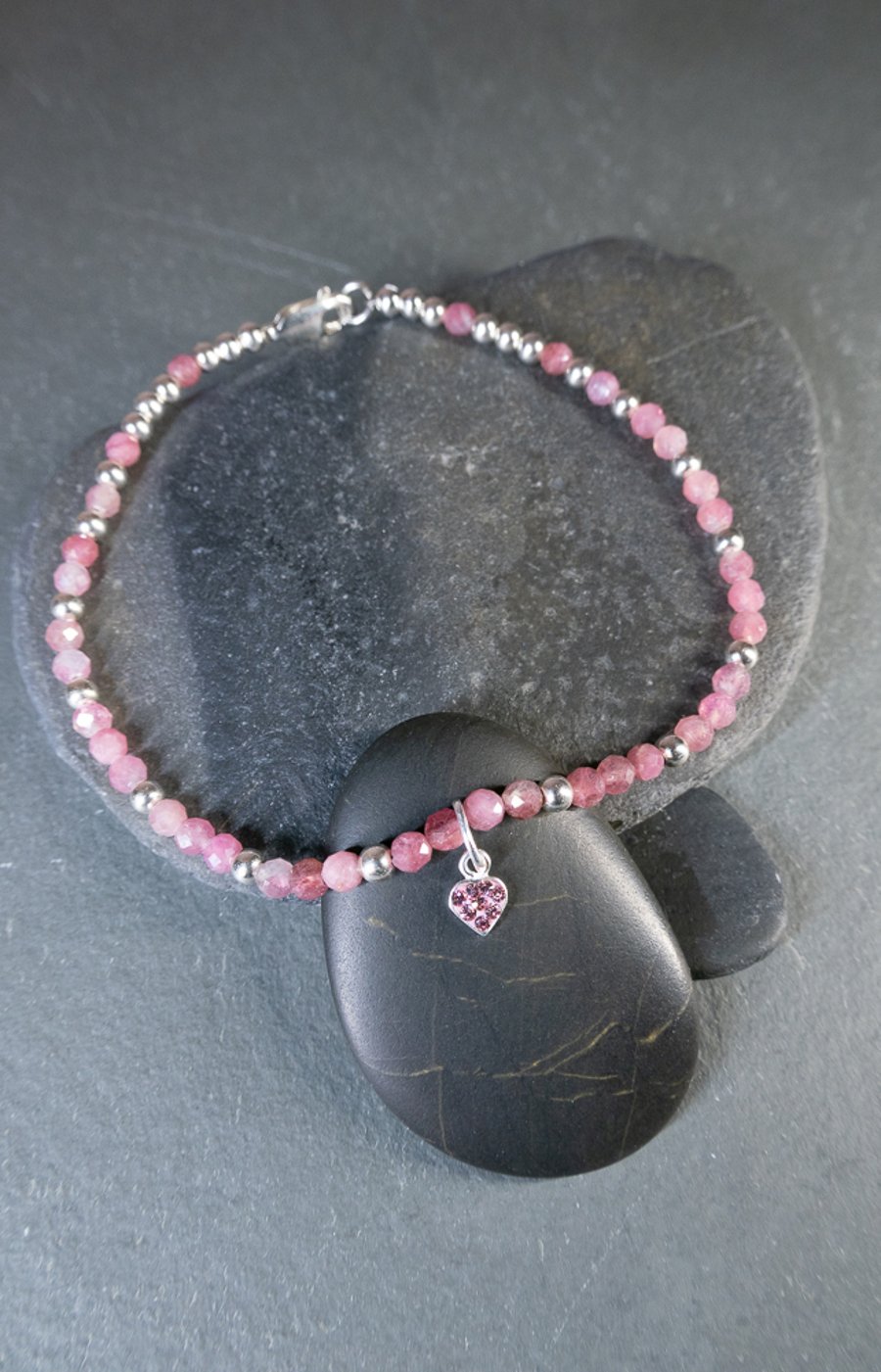 Pink Tourmaline and Sterling Silver Heart charm bracelet