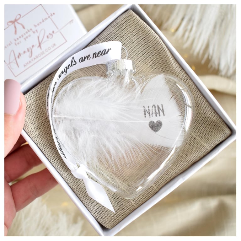 Nan Memorial Feather Bauble, In Memory of Nan, Heart Glass Christmas Ornament, R