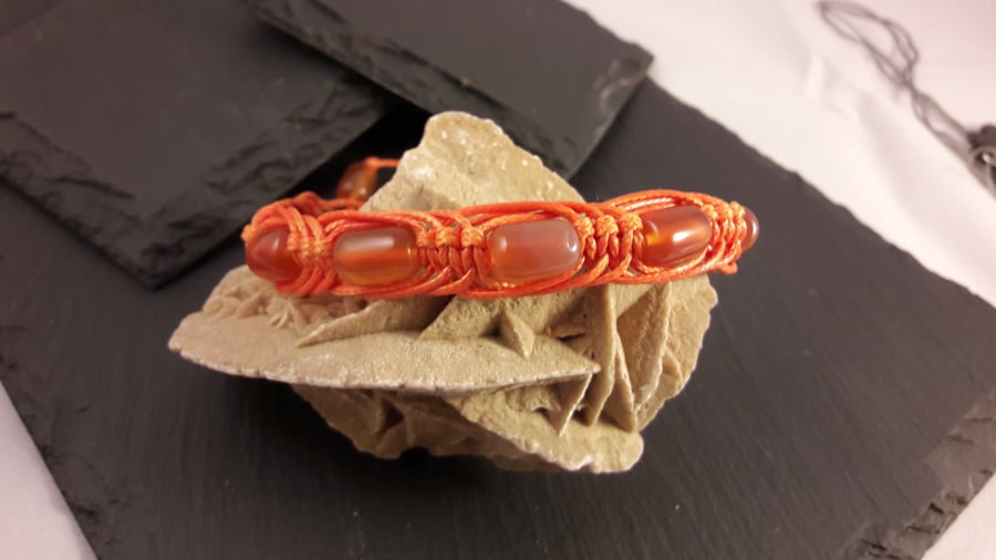 Unisex Orange Agate in Orange Waxed Cord Adjustable Macrame Bracelet