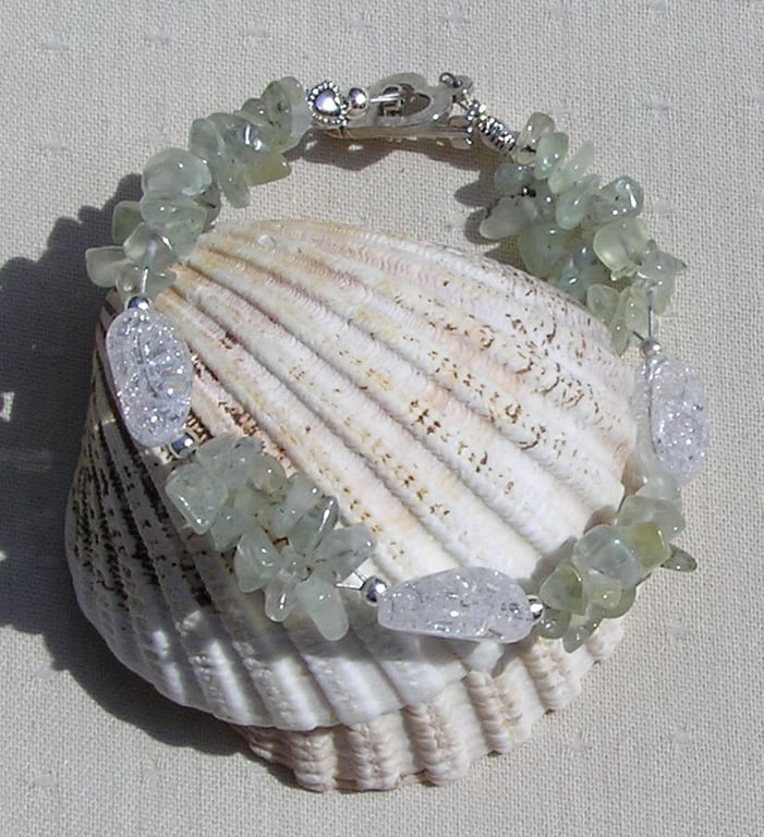 Green Prehnite & Crackled Clear Quartz Gemstone Bracelet "Apple Dew"