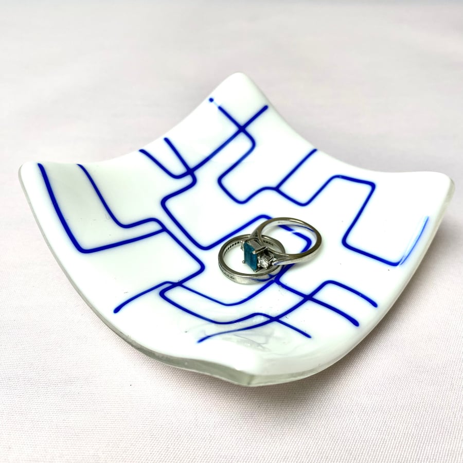 Patterned White and Blue Glass Trinket Dish