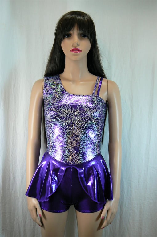 one shoulder open front skirted hot pant unitard
