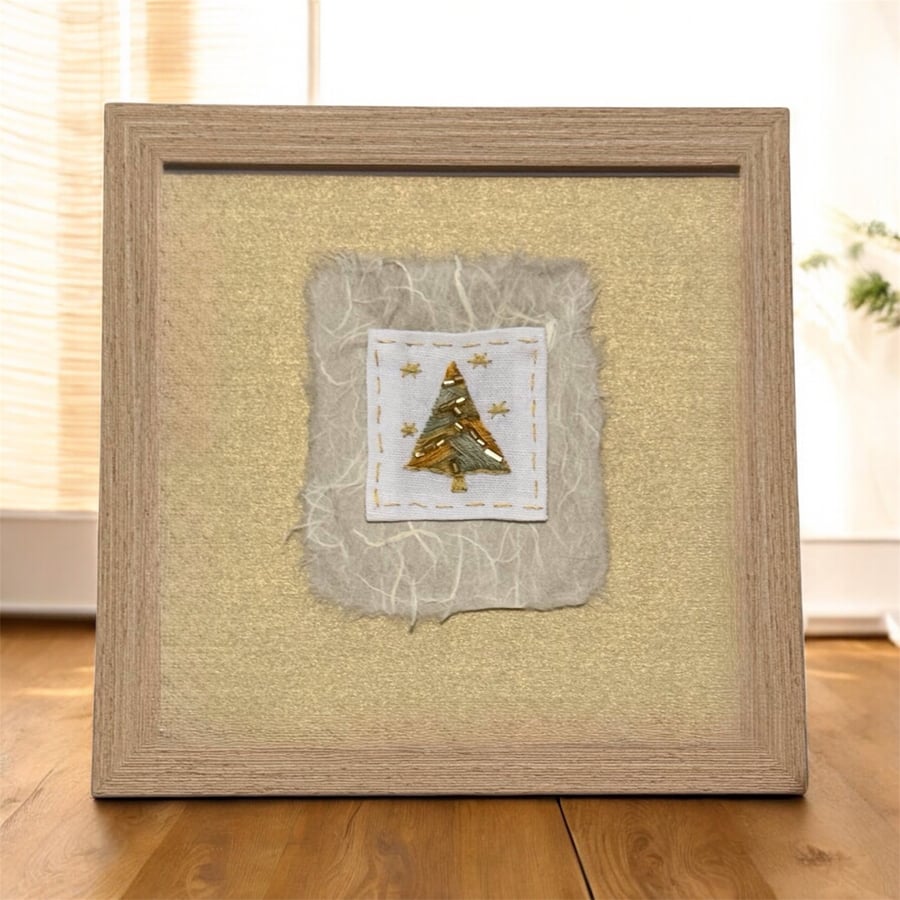 Hand embroidered Christmas card, Christmas decoration, artwork for framing
