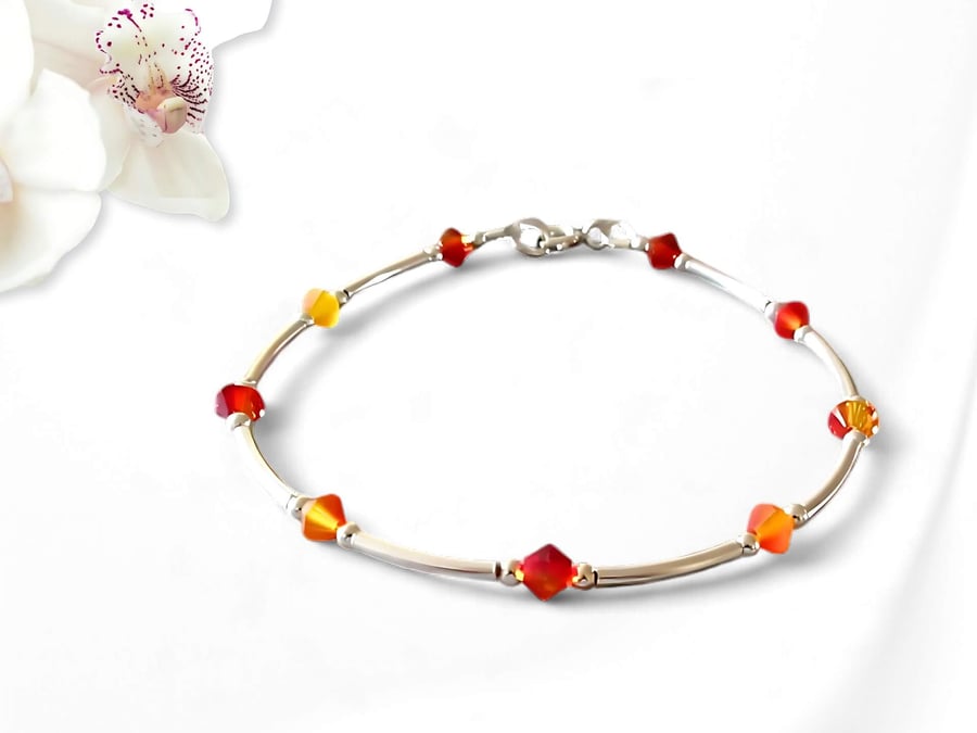 Sterling Silver Bangle Bracelet With Orange Red Yellow Fire Opal Blend Crystals