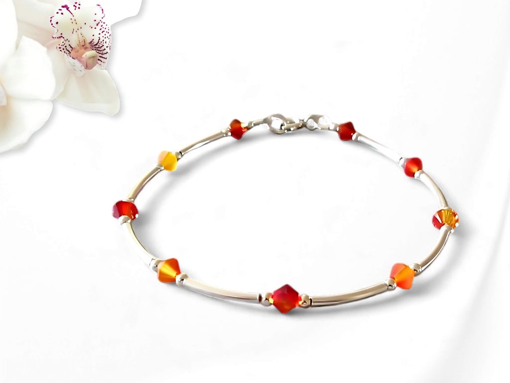 Sterling Silver Bangle Bracelet With Orange Red Yellow Fire Opal Blend Crystals