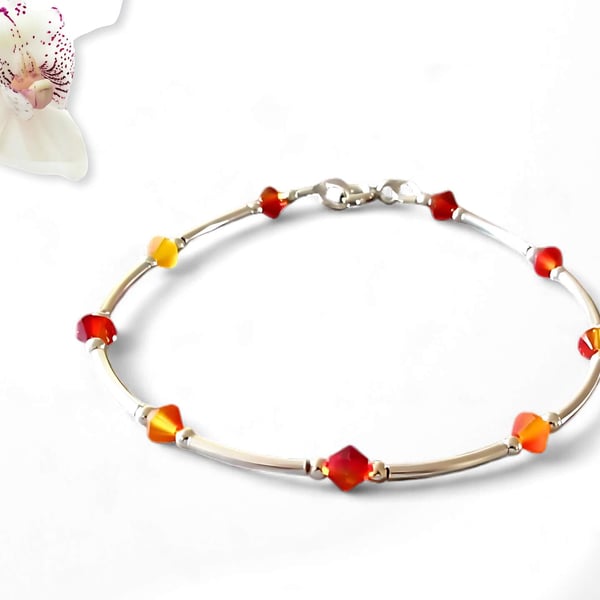 Sterling Silver Bangle Bracelet With Orange Red Yellow Fire Opal Blend Crystals