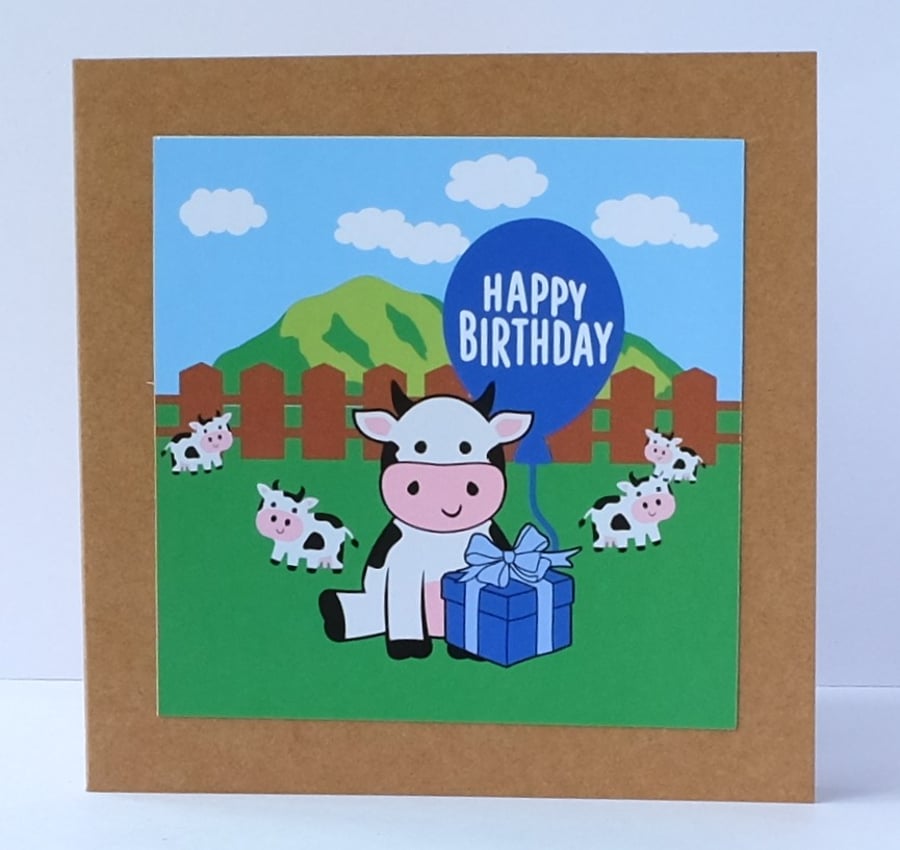 'Colourful Card' Farm Birthday Card with Cow 