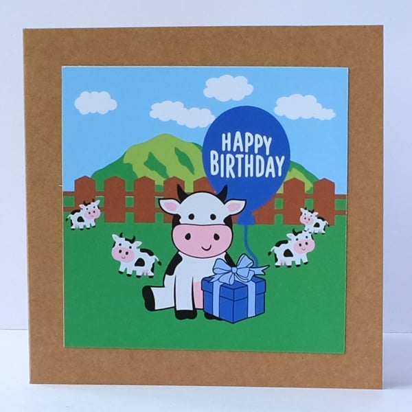 'Colourful Card' Farm Birthday Card with Cow 
