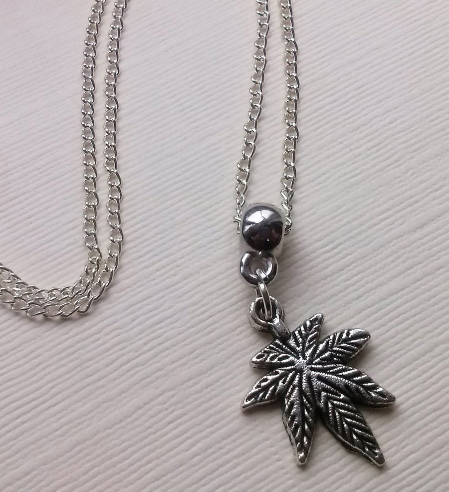 Cannabis Leaf Marijuana Necklace Silver Plate 