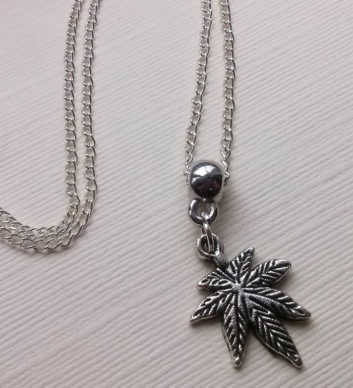 Cannabis Leaf Marijuana Necklace Silver Plate 