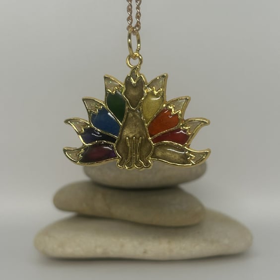 Resin Fox Necklace Pendant – Chakra Colours and 8-Tailed Spirit Auratail