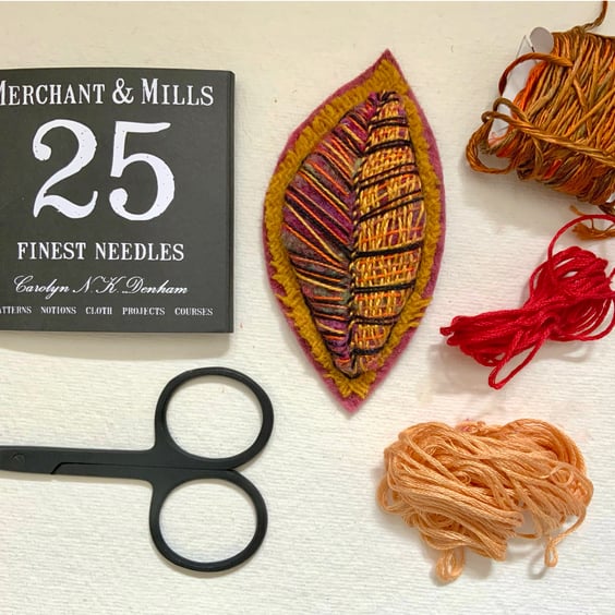 Textile Leaf Hand Embroidered Brooch