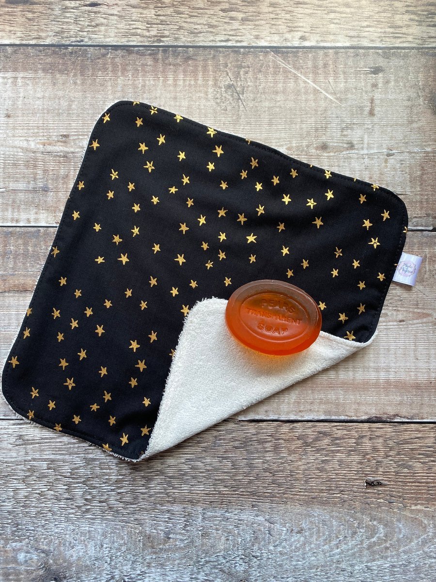 Organic Bamboo Cotton Wash Face Cloth Flannel Black Gold Star