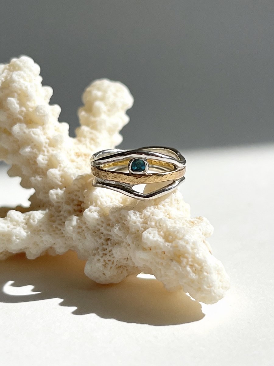Silver And Gold Wave Ring With Topaz