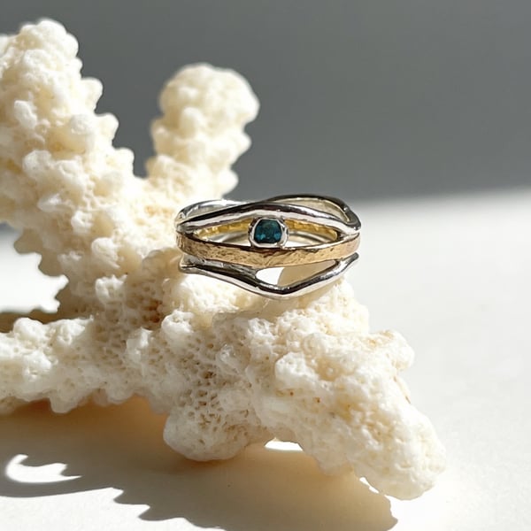 Silver And Gold Wave Ring With Topaz