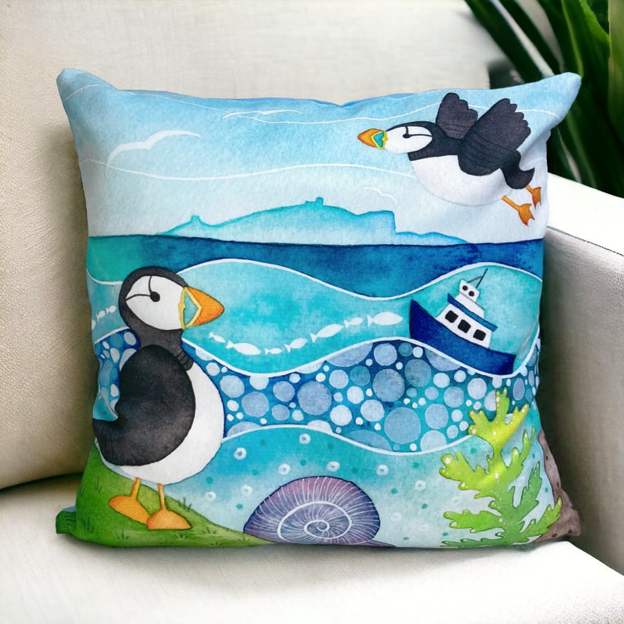 Puffin Cushion Cover - Cute Seaside Art. Nautical Coastal Living Room Decor