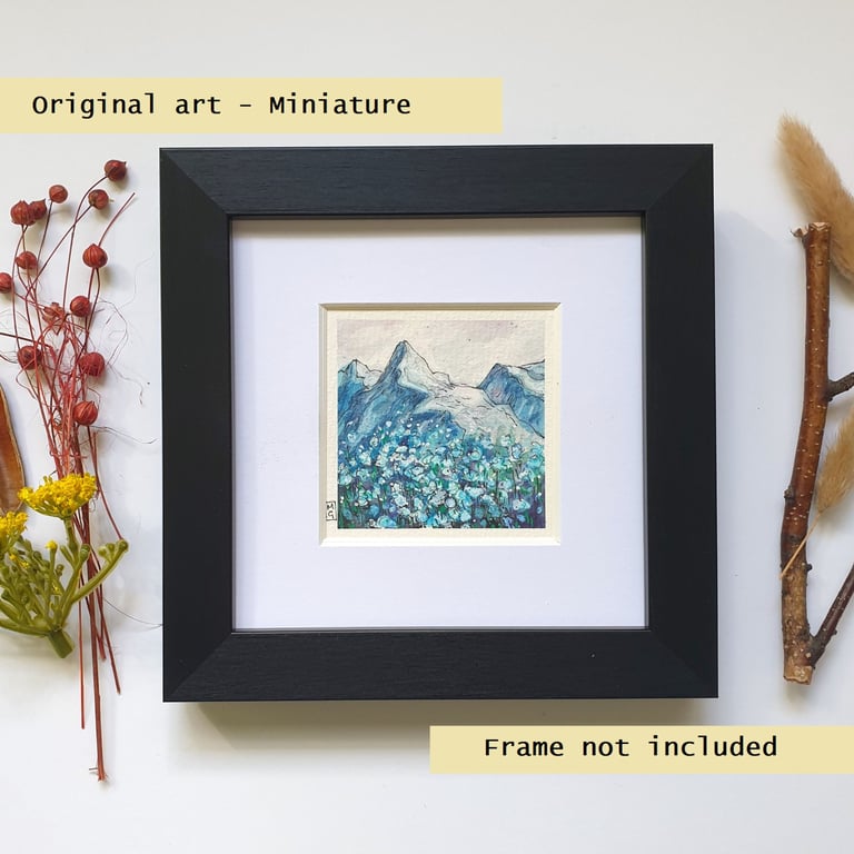 Miniature landscape painting - Mountain scene with blue flowers