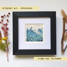 Miniature landscape painting - Mountain scene with blue flowers