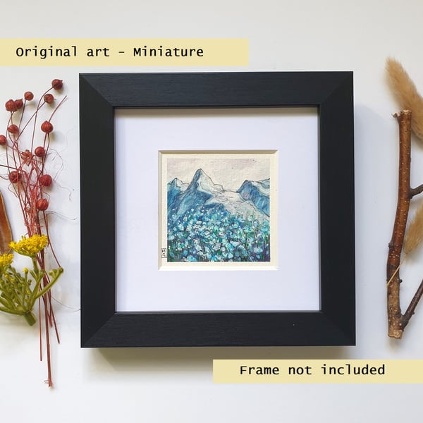 Miniature landscape painting - Mountain scene with blue flowers