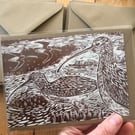 Curlew woodcut greeting card