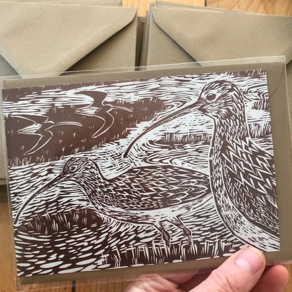 Curlew woodcut greeting card