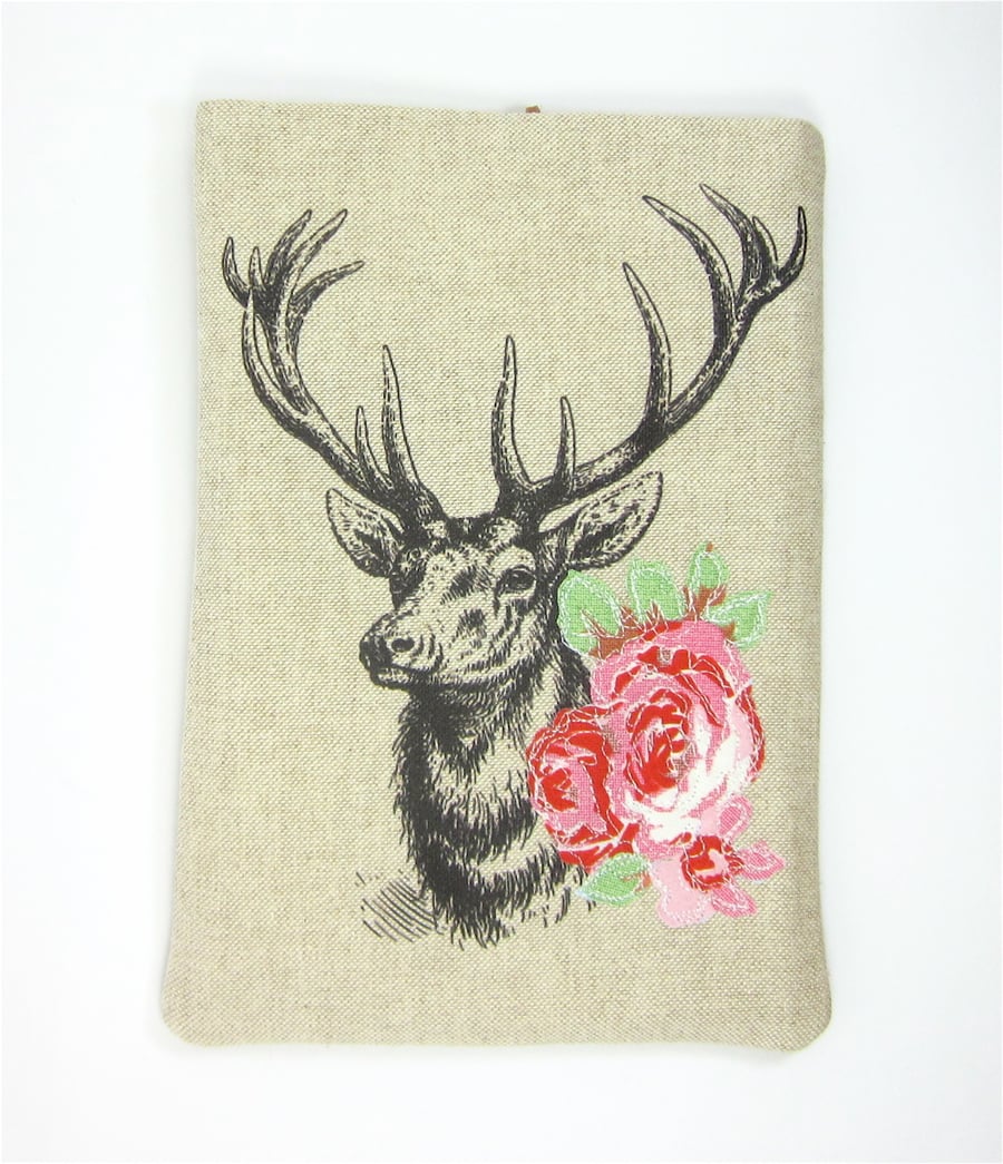 iPad Mini or Kindle Case Stag Head and Pink Rose Applique
