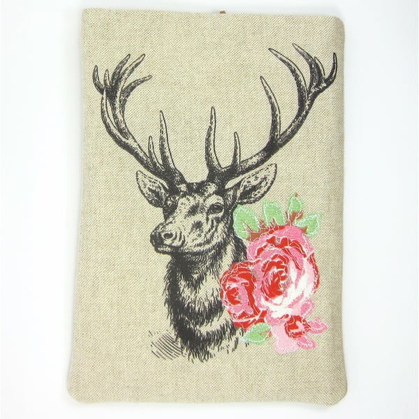 iPad Mini or Kindle Case Stag Head and Pink Rose Applique
