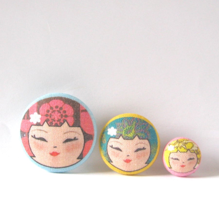 Original Design Funky Kokeshi Doll Face Covered Buttons (Set of 3)