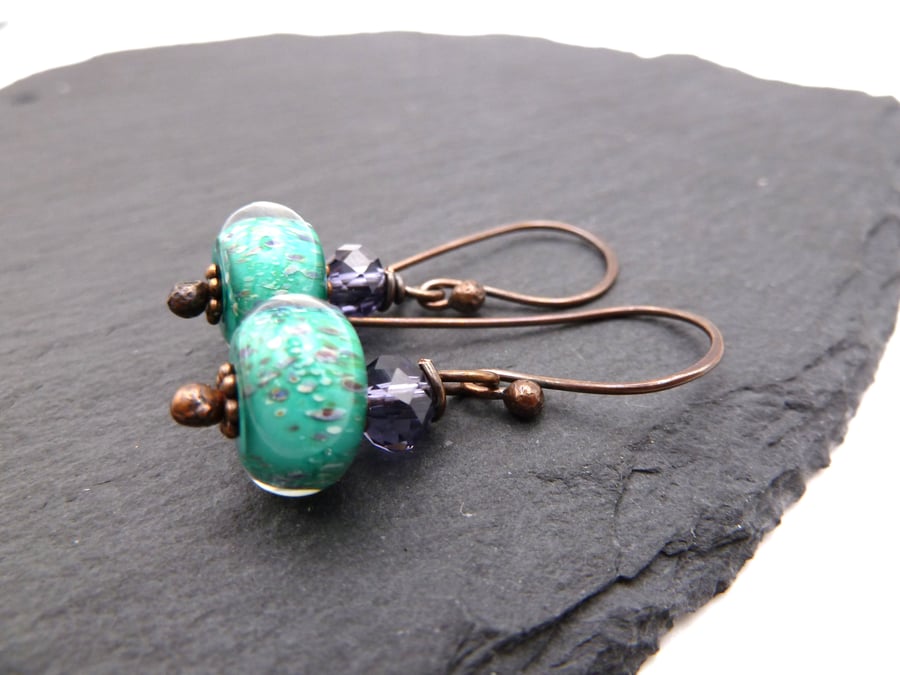 copper earrings, green lampwork glass jewellery
