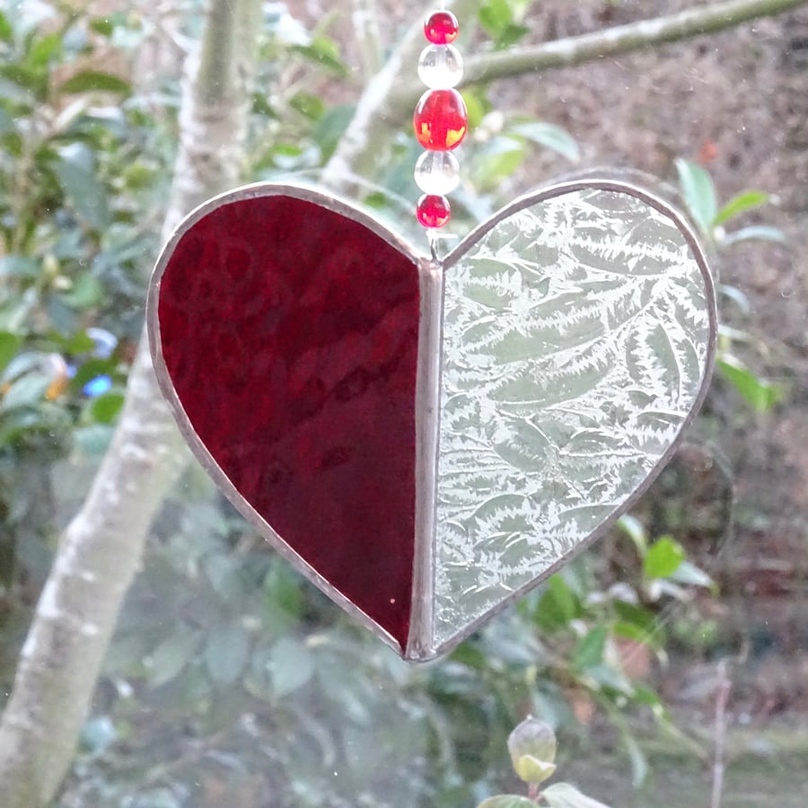 Stained Glass Heart Suncatcher - Red and Clear  