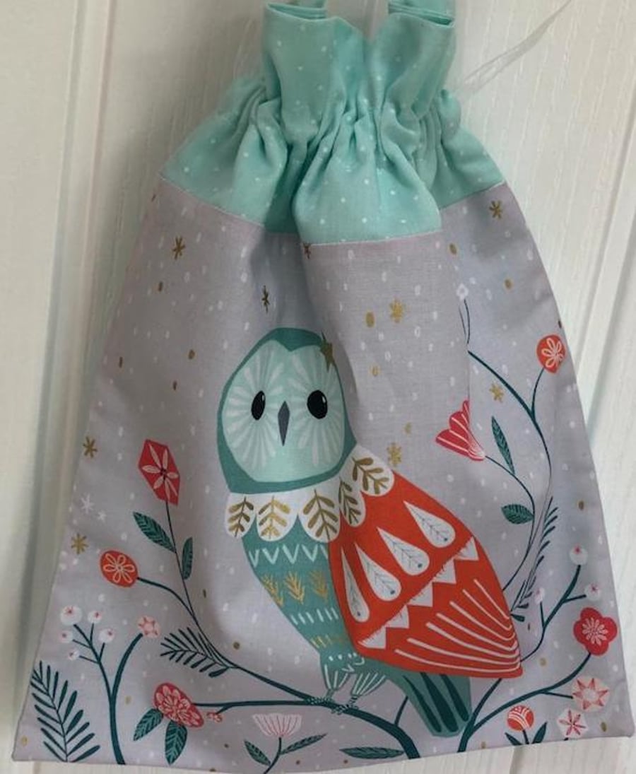 Cute Owl, Lined, Drawstring Bag